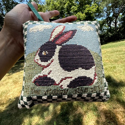Vintage Needlepoint Bunny Rabbit Doorknob Pillow with Handle Strap Tapestry