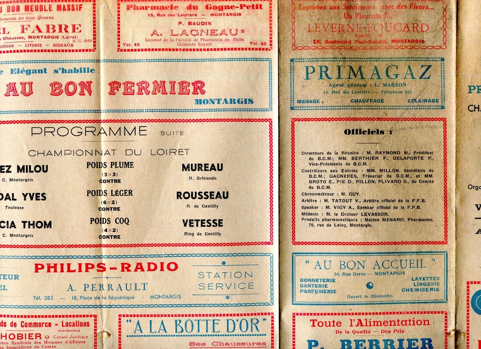 MONTARGIS Programme Championnet de Boxe du Loiret en 1938 Pubs diverses - Photo 3/3