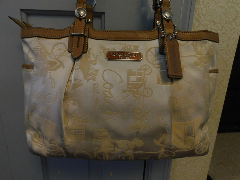 Coach Stagecoach Sateen Champagne Satin embroidered Horse Carriage Pleated Tote - Image 3 of 4