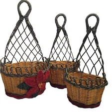 Vintage Wall Hung Wicker Decorative Poinsettia Baskets Set of Three