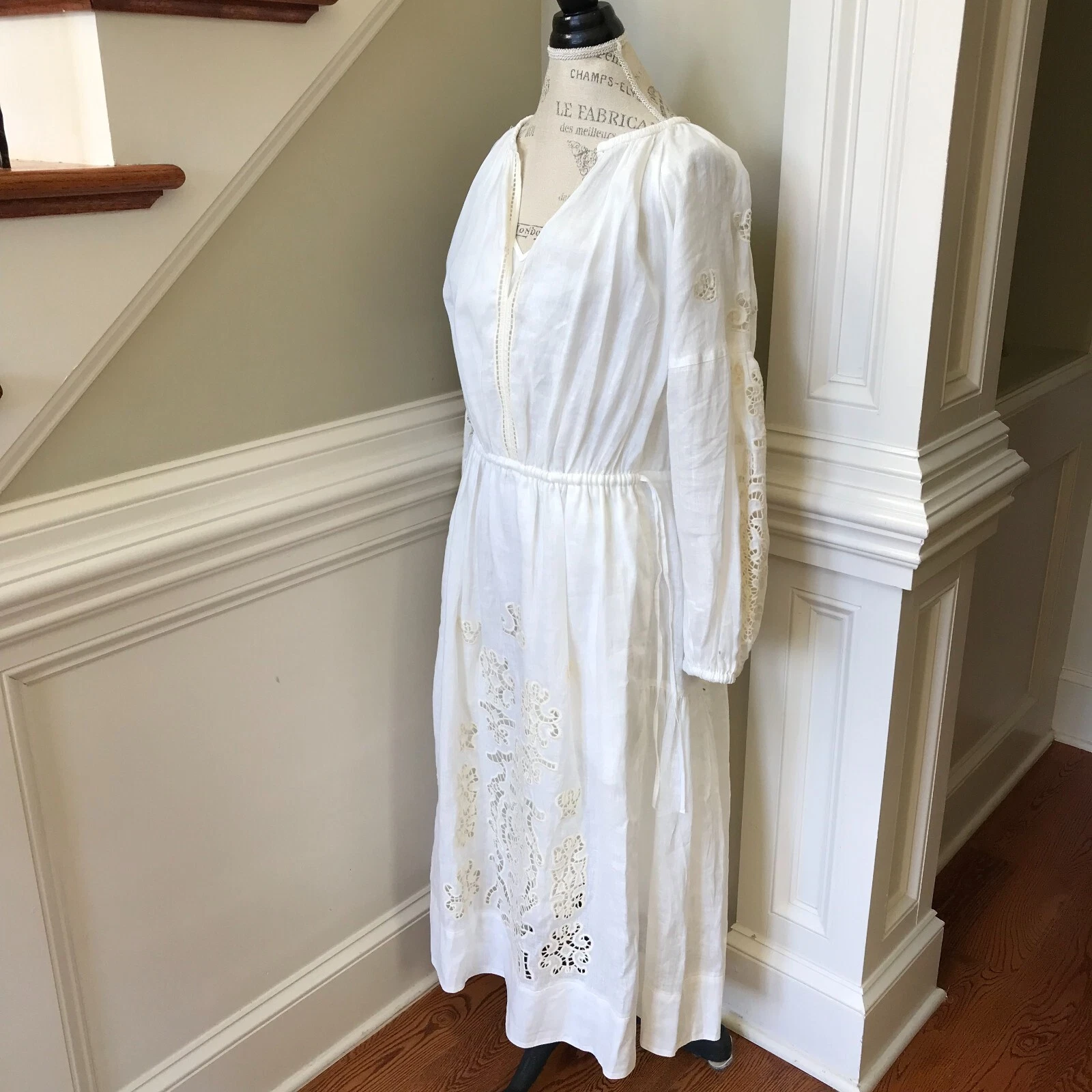 OFF WHITE Abito midi ALC Capri donna 14 avorio bianco sporco scollo a V maniche lunghe lino occhielli