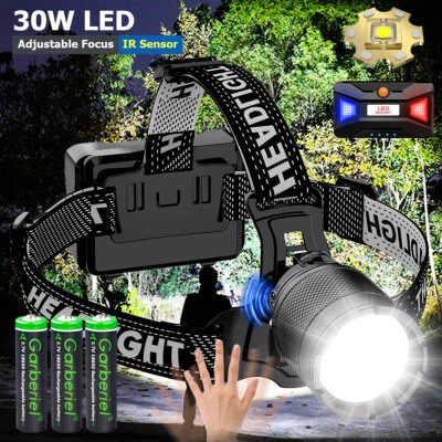 GARBERIEL Super Bright 30W LED Headlamp Rechargeable Motion Sensor Head Torch 3 Modes Lamp