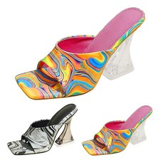 Fashion Summer Women Sandals Chunky Heels High Heels Print Slippers Clear Shoes