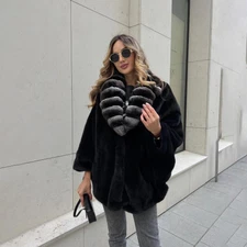 Winter Women Real Mink Fur Bat Sleeve Coat with Rex Rabbit Fur Collared Overcoat