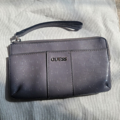 GUESS Gray Zip Wristlet Wallet with Wrist Strap, Logo Pattern Women s Wallet