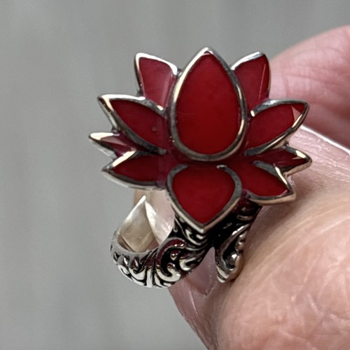 Samuel B. Benham 925 Sterling Silver Red Coral Lotus Ring Sz 8 - Picture 5 of 10