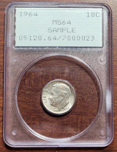 PCGS SAMPLE Slab RATTLER 1964 Roosevelt Dime MS 64 Nice Scratch-free Holder