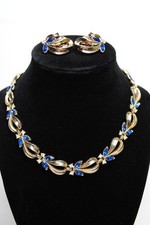 Vintage Trifari Blue Rhinestone Necklace Earrings Set Gold Tone Signed
