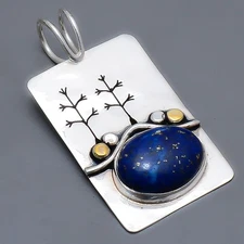Lapis Lazuli - Afghanistan 925 Silver Two Tone Gold Plated Pendant 2.07" P184057