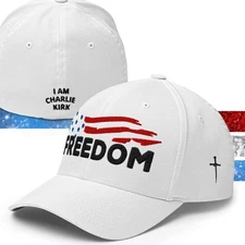 Freedom Baseball Cap I AM Charlie Kirk Flexfit Hat with Christian Cross