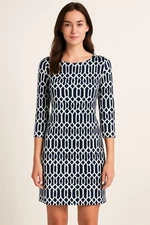 JEAN PIERRE KLIFA dress shift sheath blue SMALL vacation 3/4 sleeve boat neck 