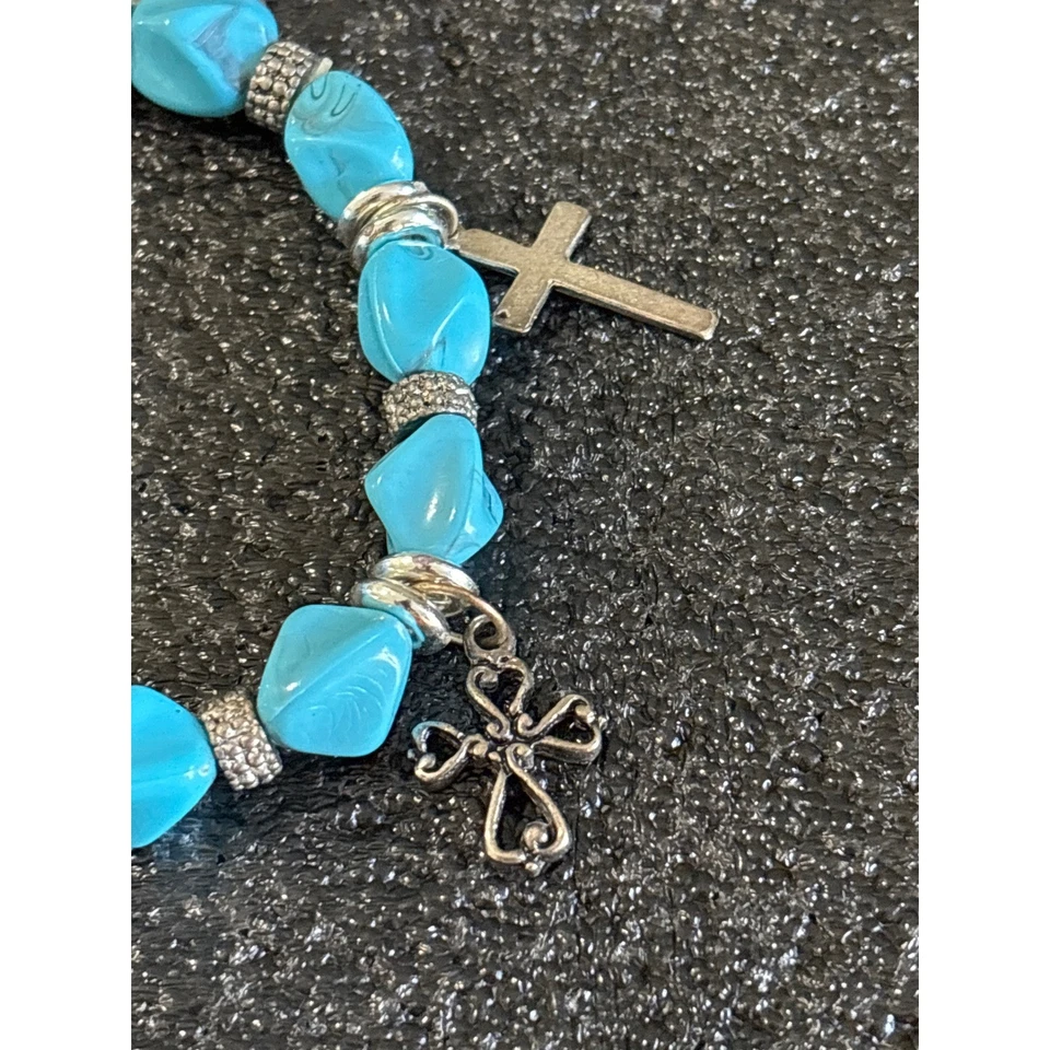Pulsera Piedra Turquesa Tono Plata Cruz Dijes Religiosos Boho Chic Joyería Foto 3 de 4