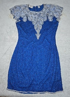 Vintage Scala Silk Beautiful Beaded Fringe Dress Blue White Party Cocktail Sz PL