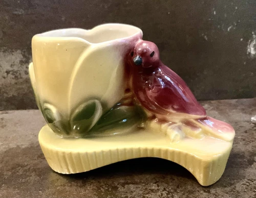 Vintage Shawnee Pottery Red Bird and Yellow Flower Planter, 4x6