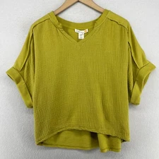 C&C CALIFORNIA Top S Crinkle Gauze V-Neck Terry Boxy Dolman Sleeve Cotton Green
