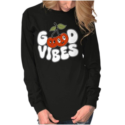 Cute Retro Good Vibes Happy Kawaii Cherries Long Sleeve T Shirt Tees For Women - Picture 7 of 7
