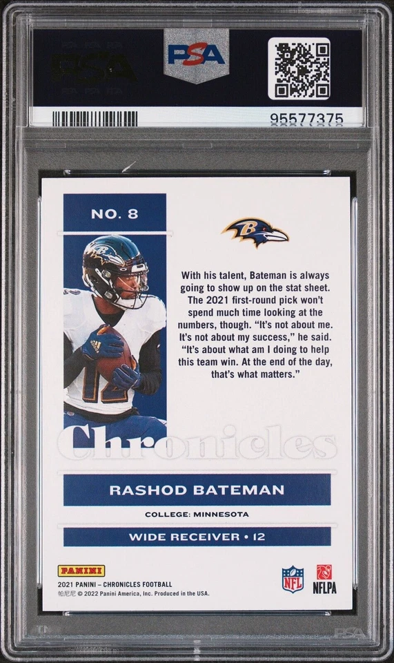 2021 Panini Chronicles Rashod Bateman #8 (ROOKIE) PSA 10 GEM MINT (RARE: Pop 4) - Image 2 of 2