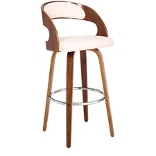 Shelly Contemporary 30" Bar Height Swivel Barstool in Walnut Wood Finish and Cre