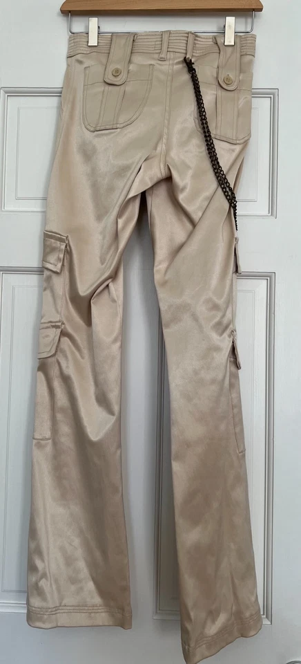 Vanilla Star Jeans Brillante Beige/Crema Carga Pantalones Cremallera Acampanados Bolsillos Cadena Y2K Foto 2 de 4