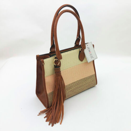 Jen & Co Raya Tri Color Tote Cross Body Vegan Leather & Woven Fabric 13x10x5" - Picture 1 of 7