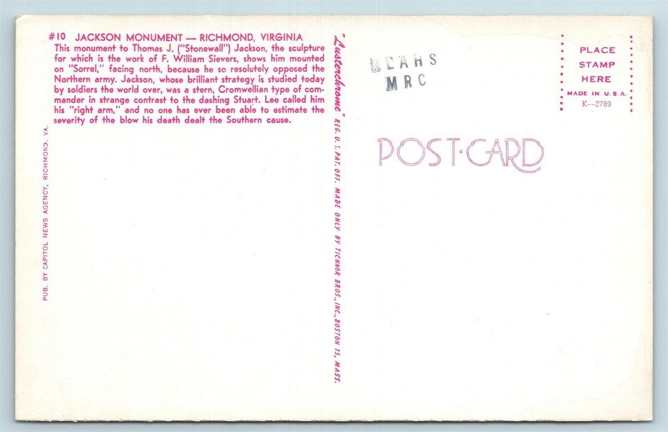 Postcard VA Richmond Virginia General Stonewall Jackson Confederate