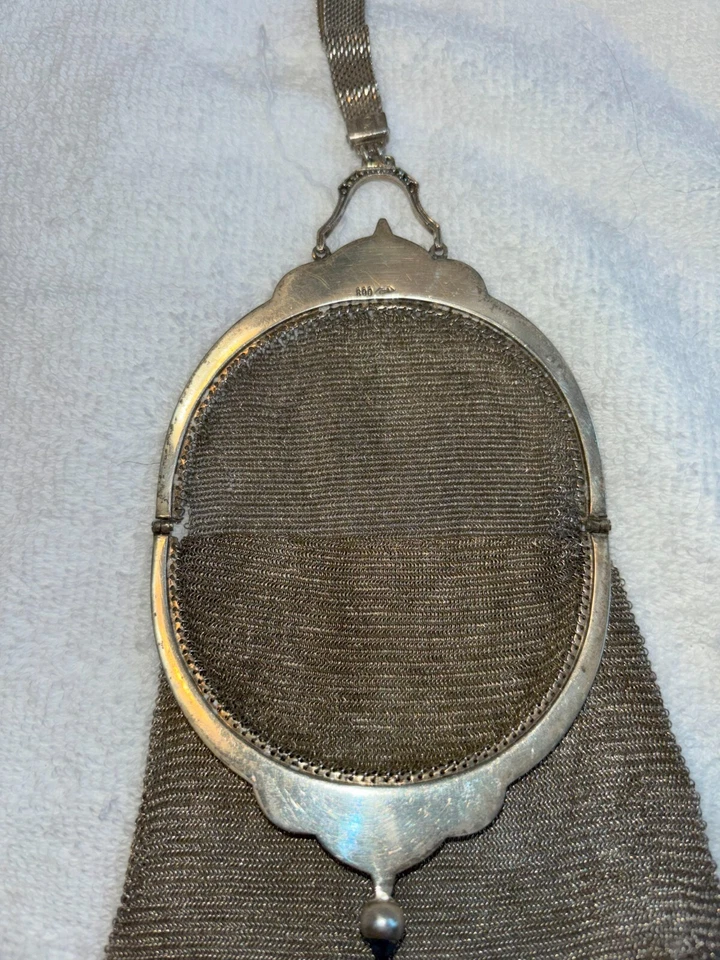 Antiguo monedero de malla de plata maciza 800 con diamantes en perfecto estado Foto 4 de 4