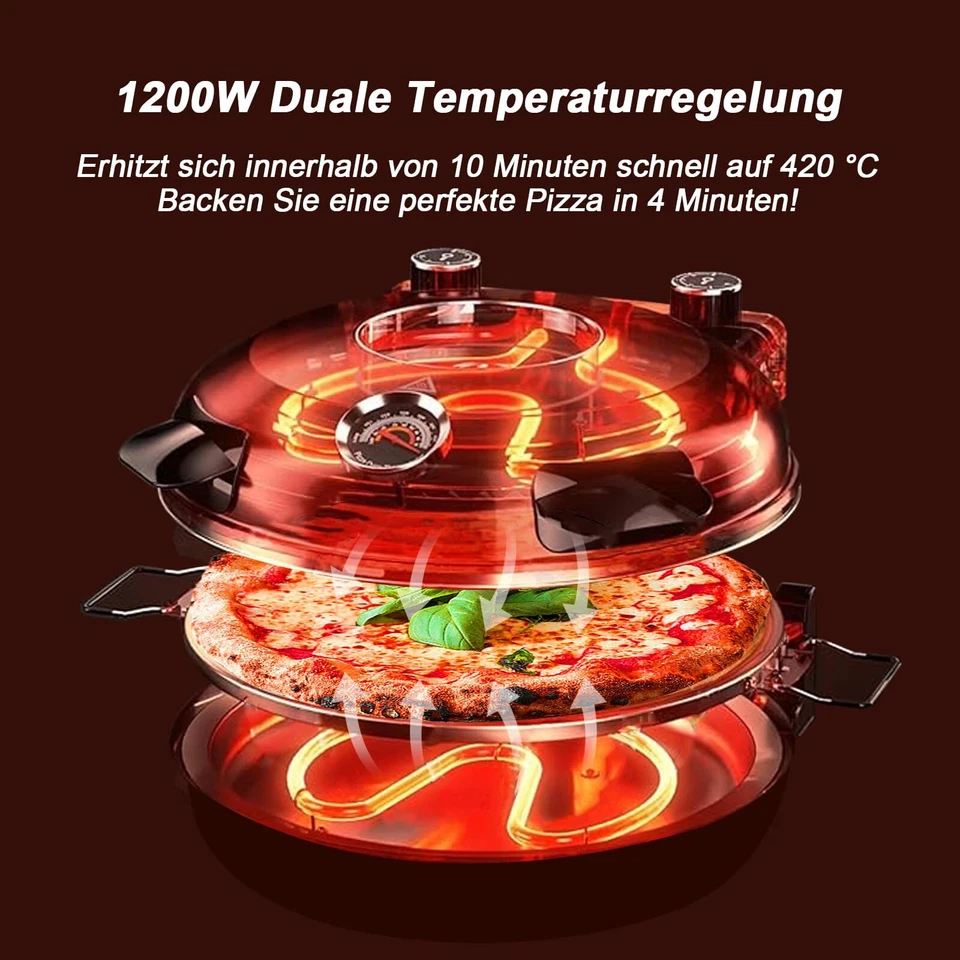 Pizzaofen Elektrisch 1200W Pizzaofen in 4-Min-Pizza 31cm Feuerfeste Pizzastei... - Bild 3 von 4