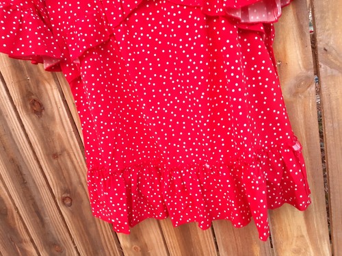 Red White Polka Dot Flowy Ruffle 3/4 Sleeve, V Neck Swing Knee Length Dress L - Picture 5 of 6