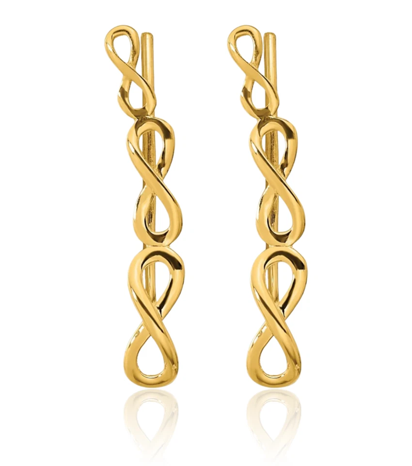 14K Solid Yellow Gold Infinity Love Knot Ear Climber Heart Stud Earrings - Image 2 of 4