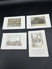 Vintage Miniature Original Color Etching On Silk Signed Vienna Austria 4 Pc