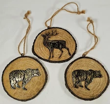 Rustic Christmas Tree Cookie Ornaments Elk Bear Wood Look Resin Set of 3 Roman