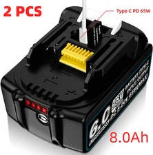 2 PCS 18V 8.0Ah Lithium Batteries + Type C Port Charge for Makita BL1850 BL1860