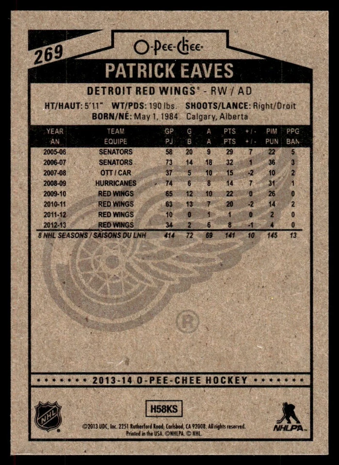 2013-14 O-Pee-Chee Patrick Eaves Detroit Red Wings #269 R66 - Image 2 of 2