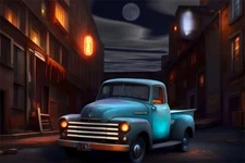 Old Pick Up Truck Saloon Bar Dark City Urban Full Moon Abstract Art Print