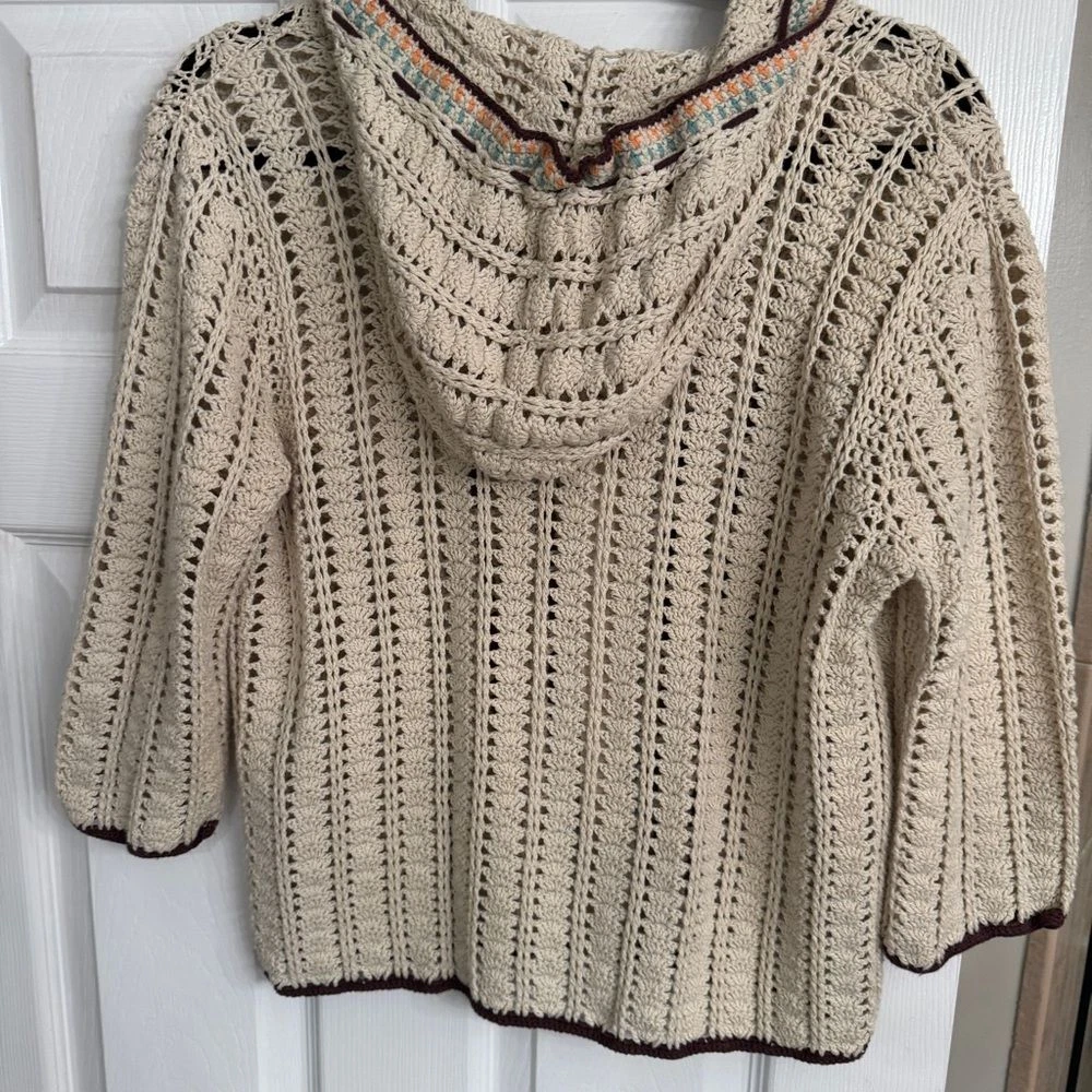 OFF WHITE Maglione Athleta all'uncinetto BoHo con cappuccio e zip taglia media 100% cotone