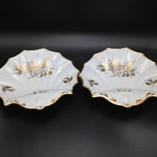 Set of 2 Royal Crown Scalloped Shell With Hand Painted Gold Roses Trinket Dish