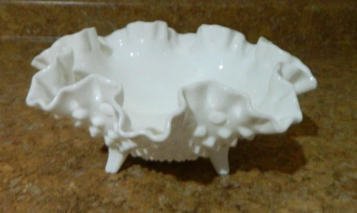 Vintage Fenton Milk Glass Hobnail 3 Footed Ruffled Edge Candy Dish Bowl 8”