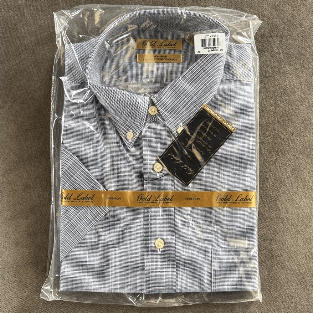 Roundtree & Yorke Gold Label Blue Houndstooth S/S Button Up Shirt Non-Iron XL