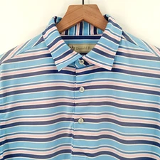 Donald Ross Polo Shirt Mens Medium Blue Pink Striped Polyester Golf *Fading/Spot