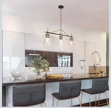 Modern 3 Light Linear Chandelier Seeded Glass MCM Black Brass 3827 3830 3735