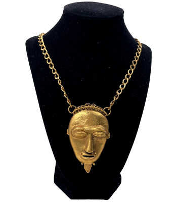 ALVA MUSEUM REPLICAS VINTAGE BRASS PENDANT NECKLACE GOLD FACE MASK CHAIN SIGNED
