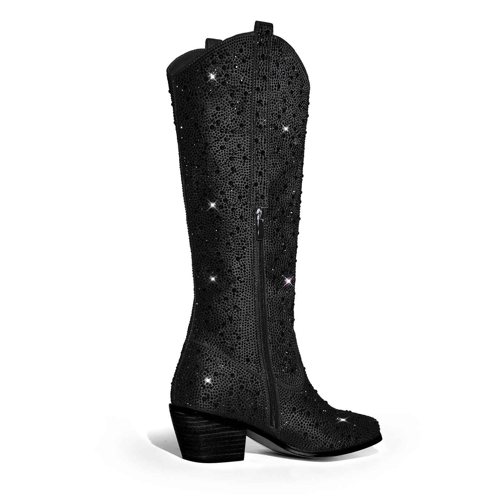 Women's Western Cowboy Boots Rhinestone Glitter Chunky Heel Knee High