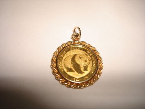 VTG USED 1983 PANDA COIN 10 YUAN 1/10th OZ 999 GOLD 14K GOLD BEZEL PENDANT CHARM - Picture 1 of 9