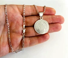 925 Solid Sterling Silver Saint Benedict Pendant Necklace 26mm San Benito- ESP32