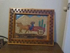 Vintage Collectible Mexican Folk Art Wood Man, Cart, Horse, Cactus Bas Relief