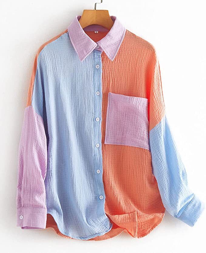 Women's Oversized Color Block Button Down Shirt Drop Long Sleeve