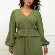 Eloquii Midi Dress Size 14 Ruffle Peplum Green Floral Long Sleeve Surplice Artsy