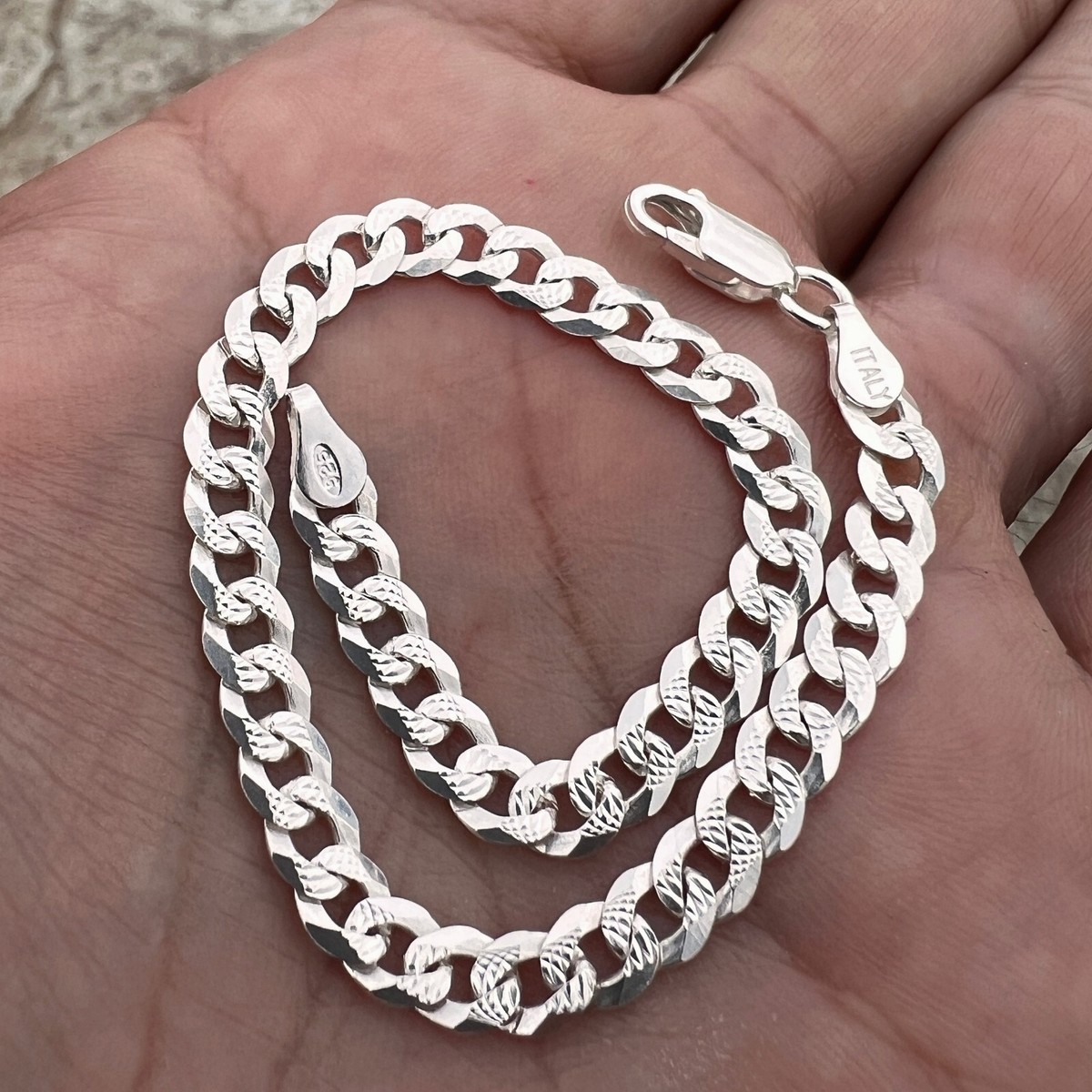 Real 925 Sterling Silver Cut D/C Hip Hop Bracelet Italy Cuban Curb
