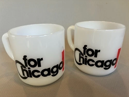 Two vintage Federal Glass milk glass "for Chicago" Mayor Daley Mugs