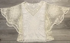 Kindred Anthropologie Sz L Cream Embroidered Lace Kimono Sleeve Top Boho Sheer